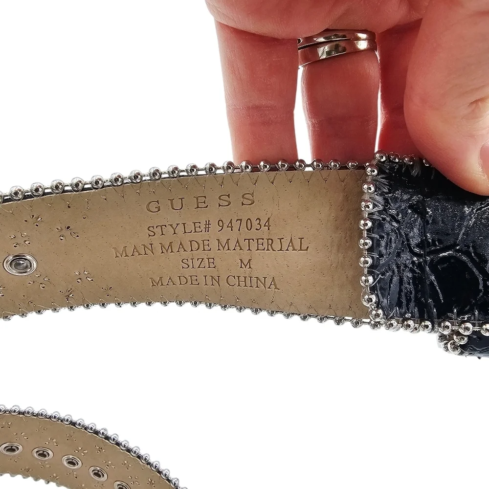 GUESS Patent Leather Studded Rhinestone Western Belt Size Medium Black Bling